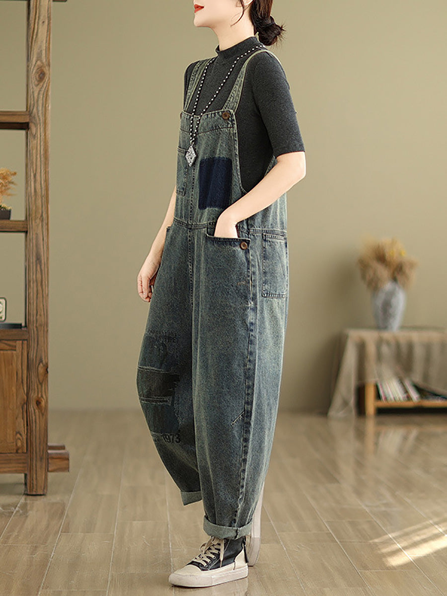 Women Retro Patchwork Loose Washed Denim Jumpsuits AH1080