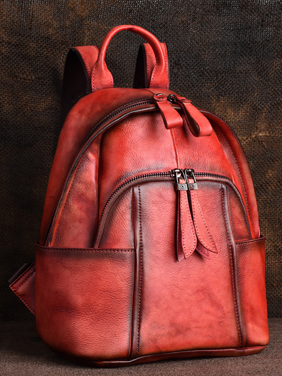 Women Retro Leather Zipper Large Capacity Backpack AH1079