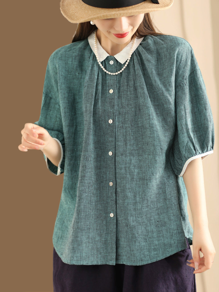 Women Summer Artsy Colorblock Button-up Linen Shirt XX1009