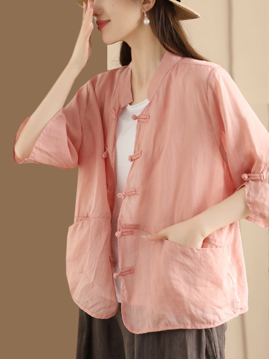 Women Summer Ethnic Solid Button-up Ramie Shirt QW1046