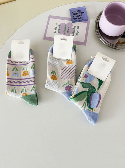 Lot de 5 paires de chaussettes en coton à motif floral artistique pour femme IO1012