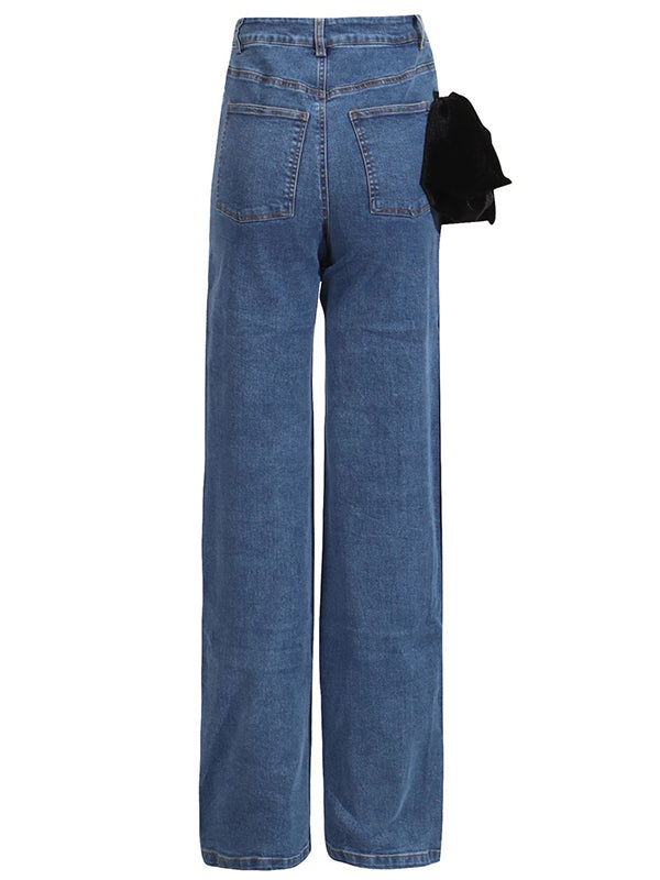 Jean droit rouge chic noué taille haute boutonné 