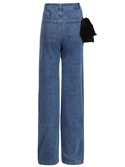 Jean droit rouge chic noué taille haute boutonné 