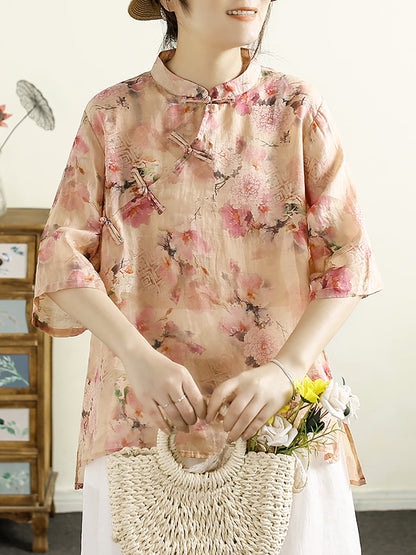 Chemise d'été vintage à imprimé floral en ramie pour femme OO1043