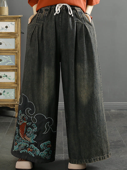 Pantalon d'été en denim à jambe large avec broderies Koi vintage pour femmes CO1049