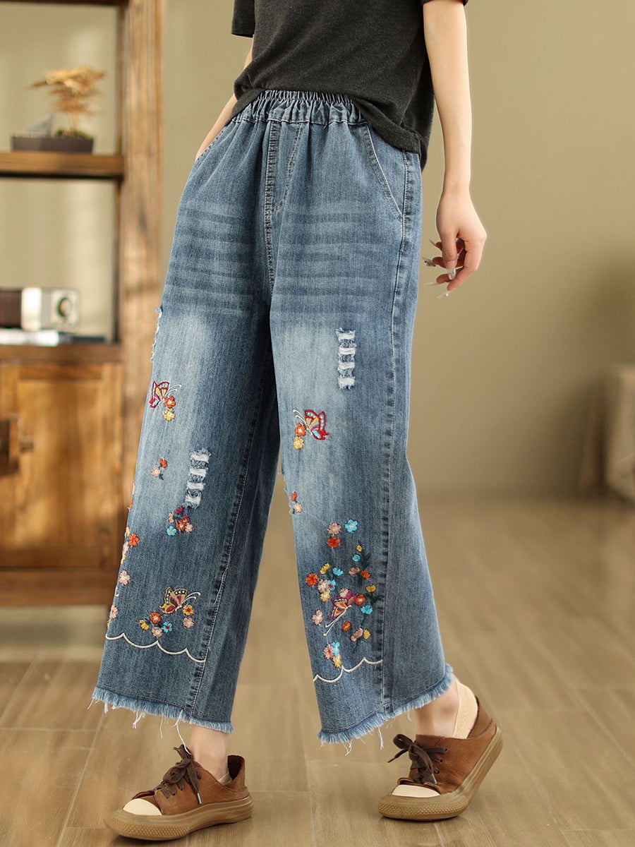 Frauen Sommer Retro Stickerei Ausgefranste Gerade Denim Hosen AS1042