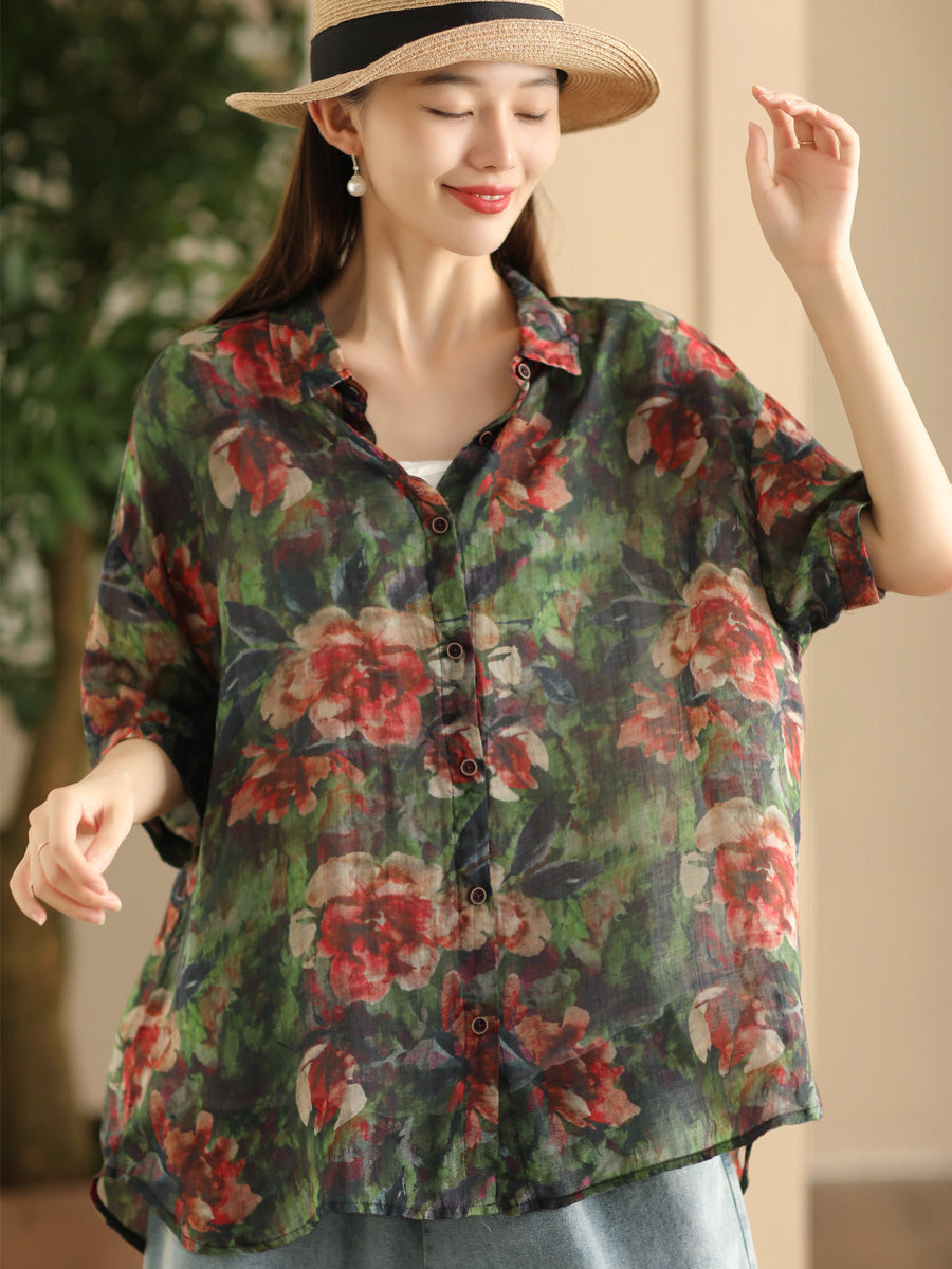 Damen Sommer Vintage Blumen Patch Gespleißtes Ramie Shirt FD039