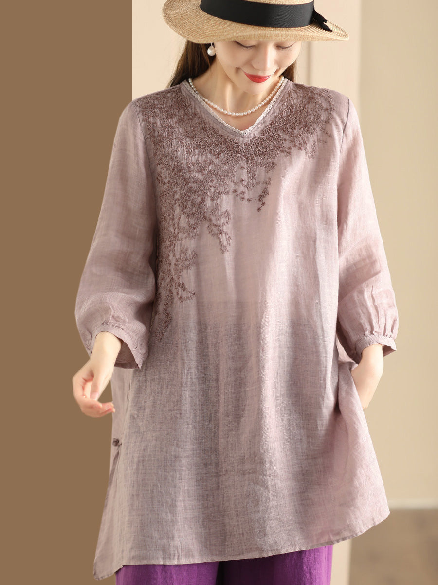 Women Summer Artsy Embroidery Ramie Long Shirt AS1022