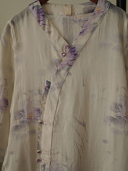 Robe en ramie à col en V et boutons à fleurs ethniques pour femmes OO1002