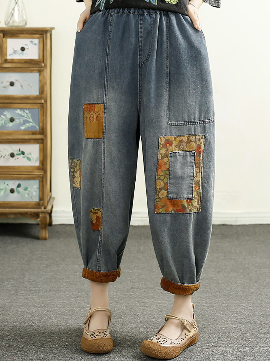 Damen Sommer Vintage Patch Gespleißt Denim Haremshose HH040