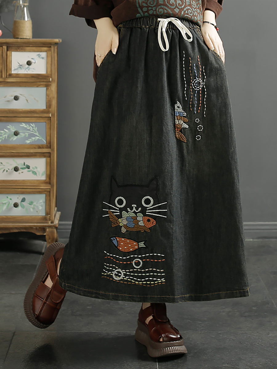 Women Summer Casual Cat Fish Embroidery Denim Skirt KL1008