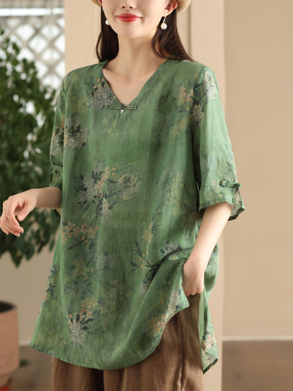 Chemise longue d'été vintage en ramie avec boucle à fleurs pour femme LL039