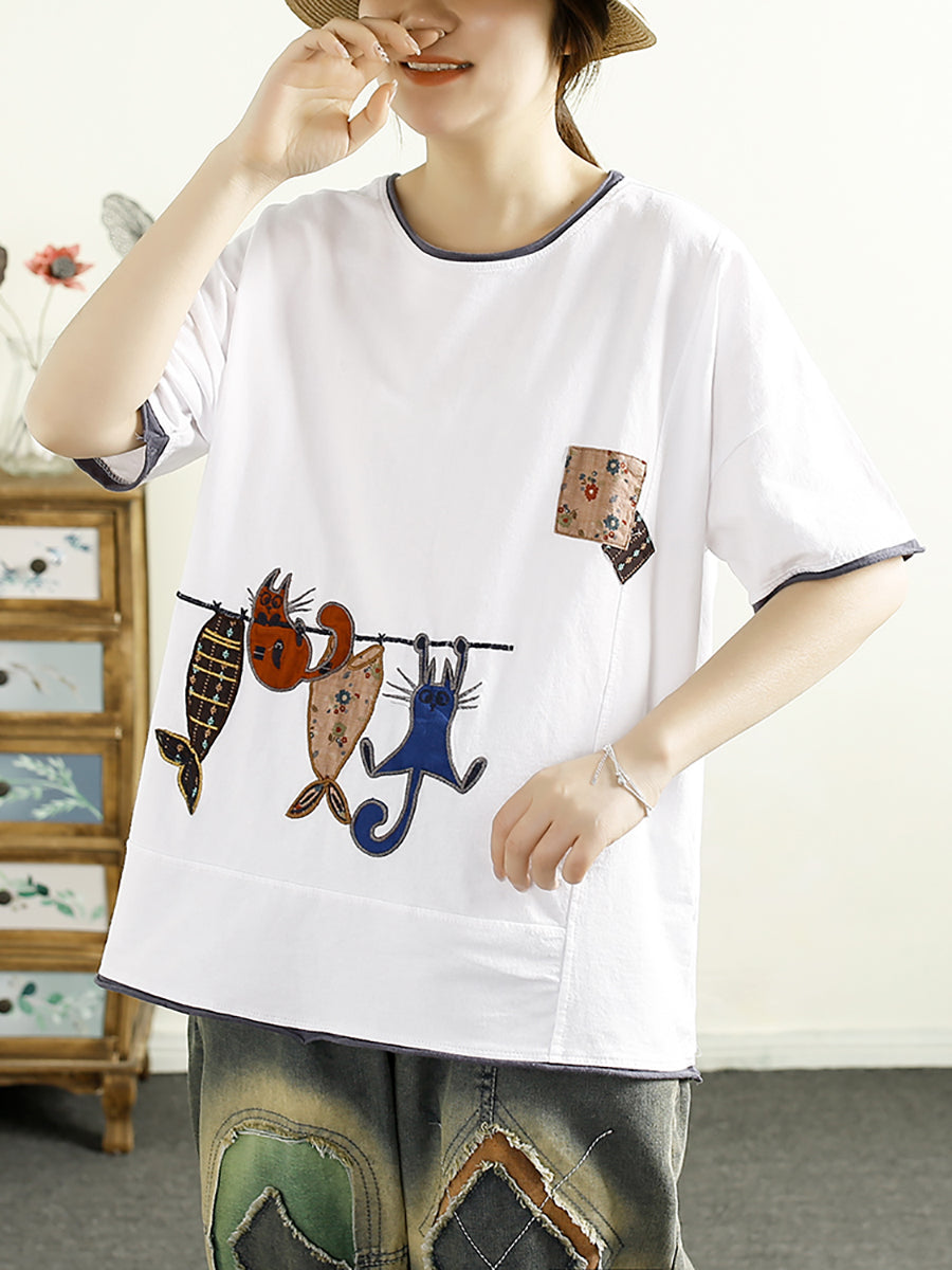 Women Summer Casual Cat Fish Spliced Cotton Shirt CV1038