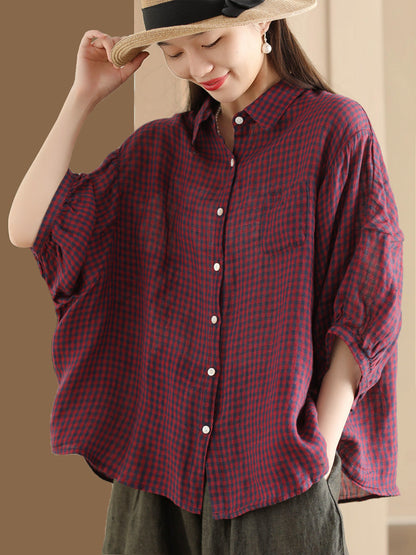 Chemise boutonnée en lin à carreaux vintage pour femme PP1034