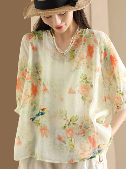 Chemise ample à col en V et fleurs d'été pour femmes OO1035