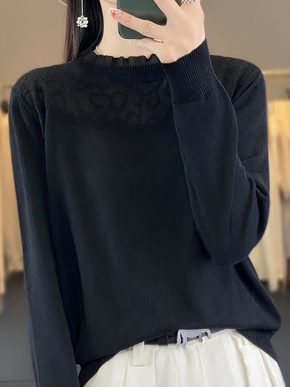 Pull ample 100 % laine à col en dentelle pour femme QM020