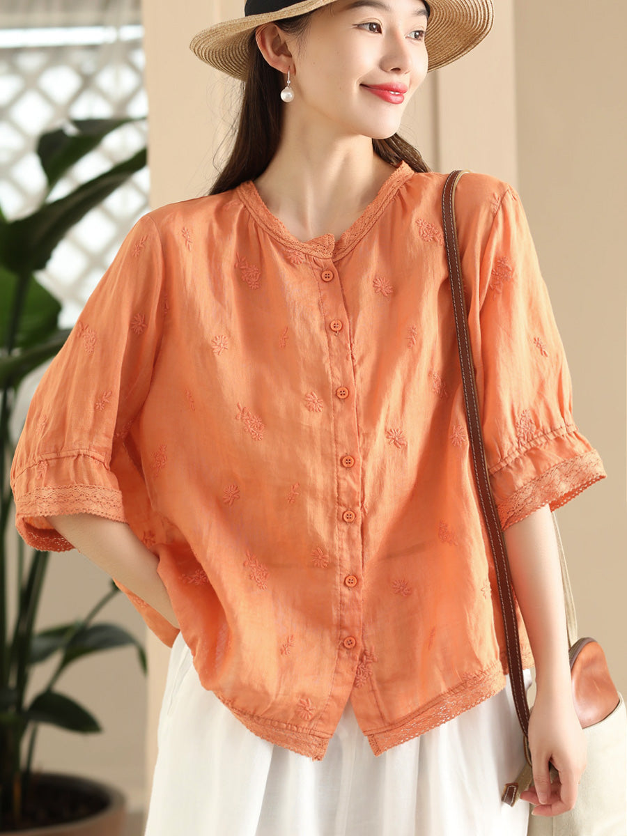 Damen Sommer Vintage Stickerei Button-up Ramie Shirt CX007