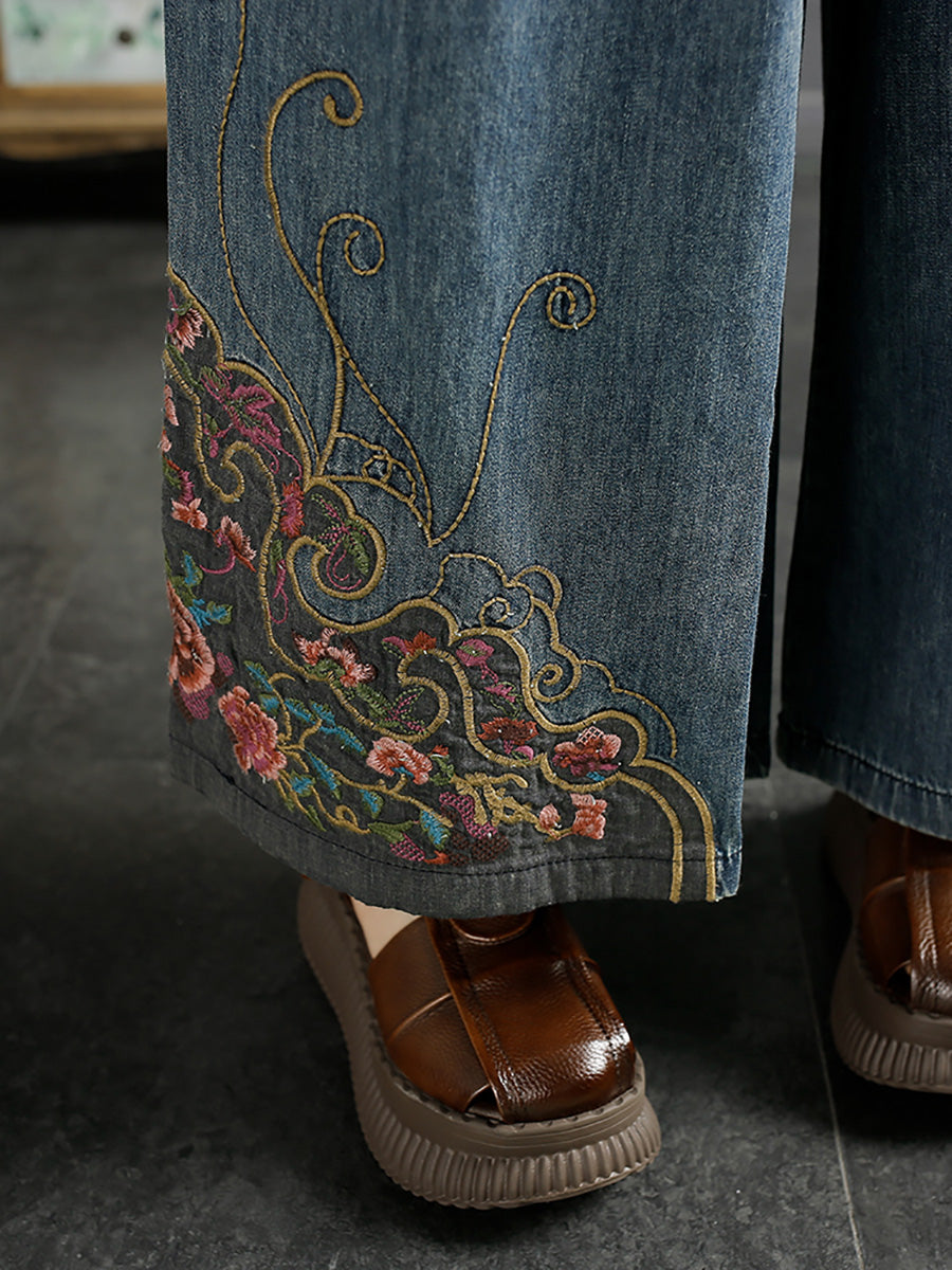 Women Vintage Summer Embroidery Wide-leg Denim Pants KL1007