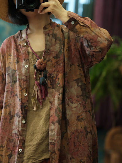 Florales Damen Shirt Retro Lang Vintage Ramie Button-up
