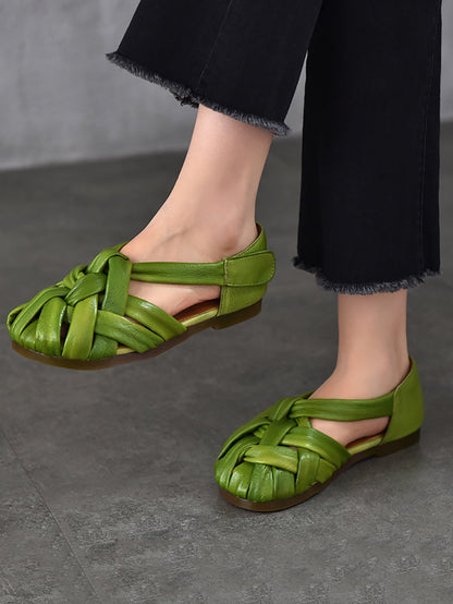 Chaussures plates d'été en cuir véritable tissé pour femmes