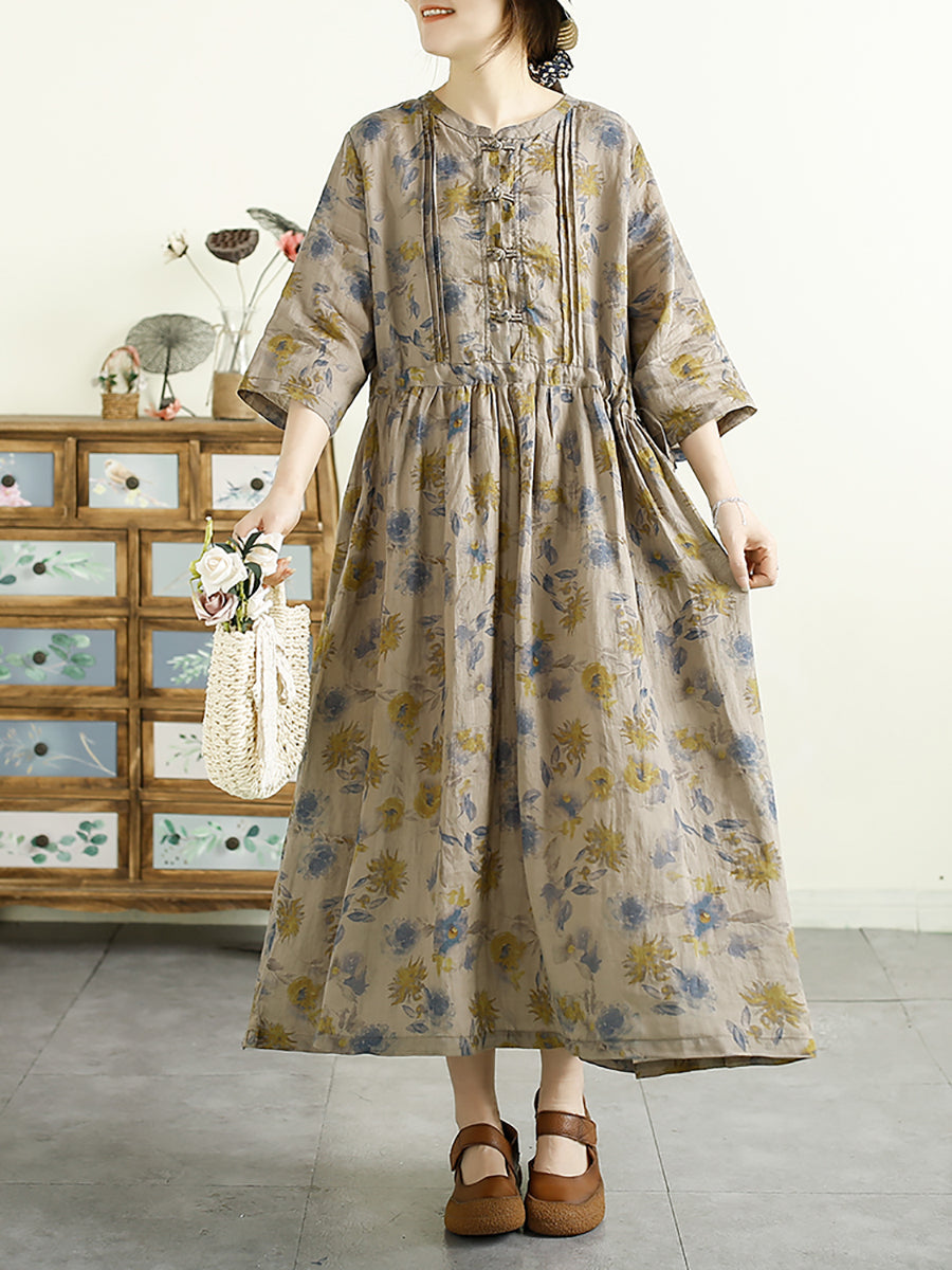 Women Summer Artsy Floral Shirred Ramie Dress QW1043
