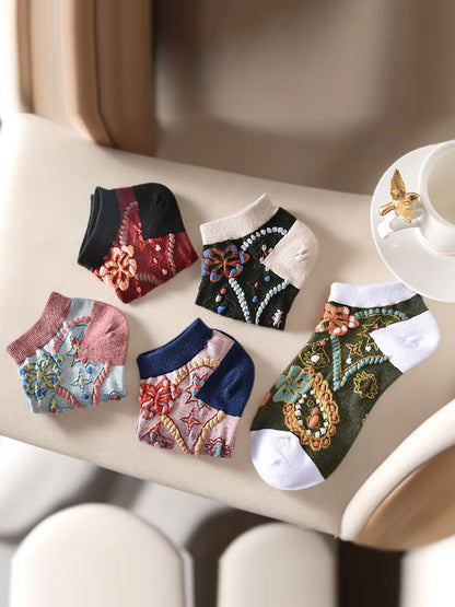 Lot de 5 paires de chaussettes courtes en jacquard fleuri pour femme CO1040