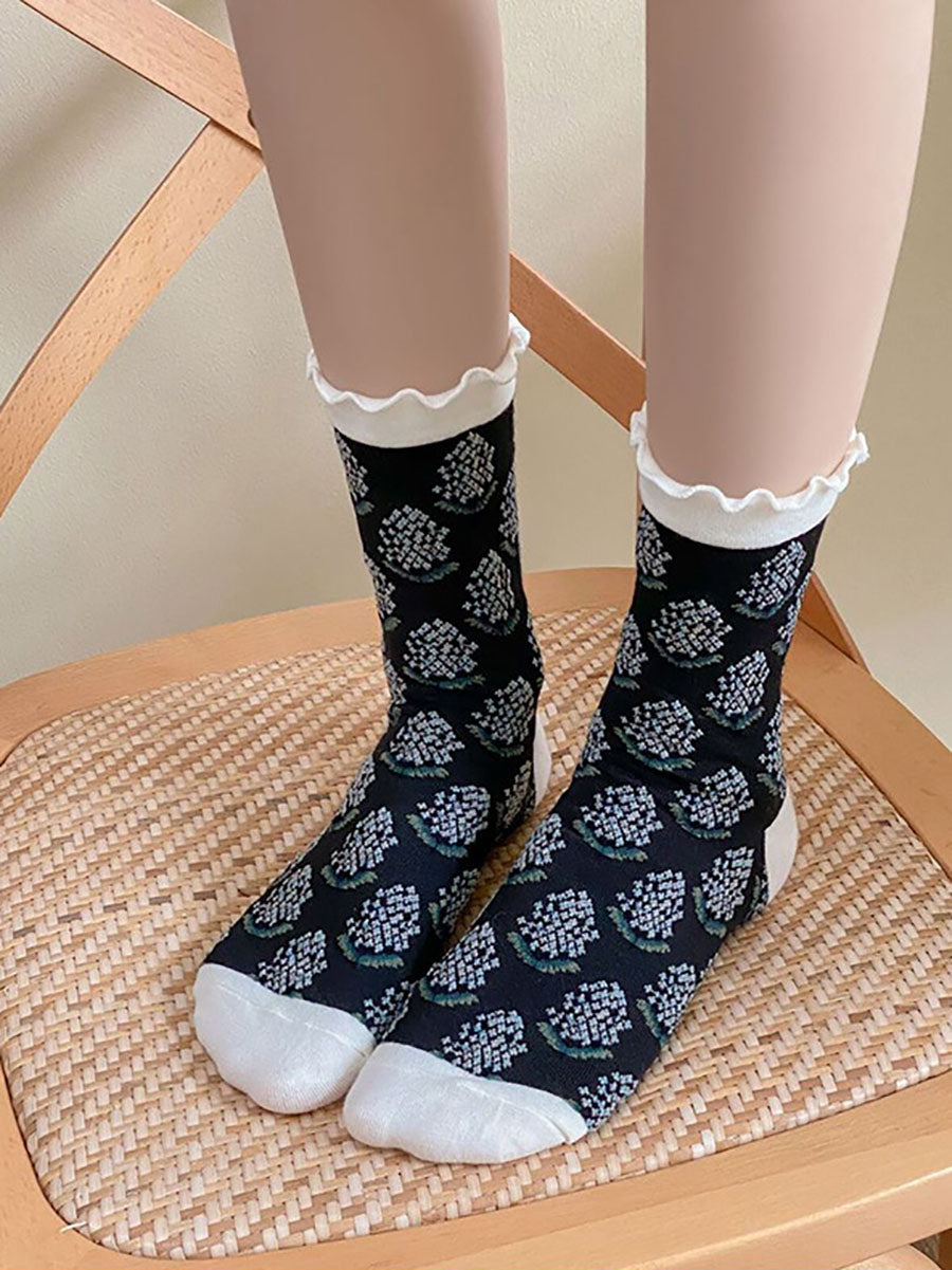 5 Pairs Women Artsy Foral Embroidery Colorblock Cotton Socks AV1043