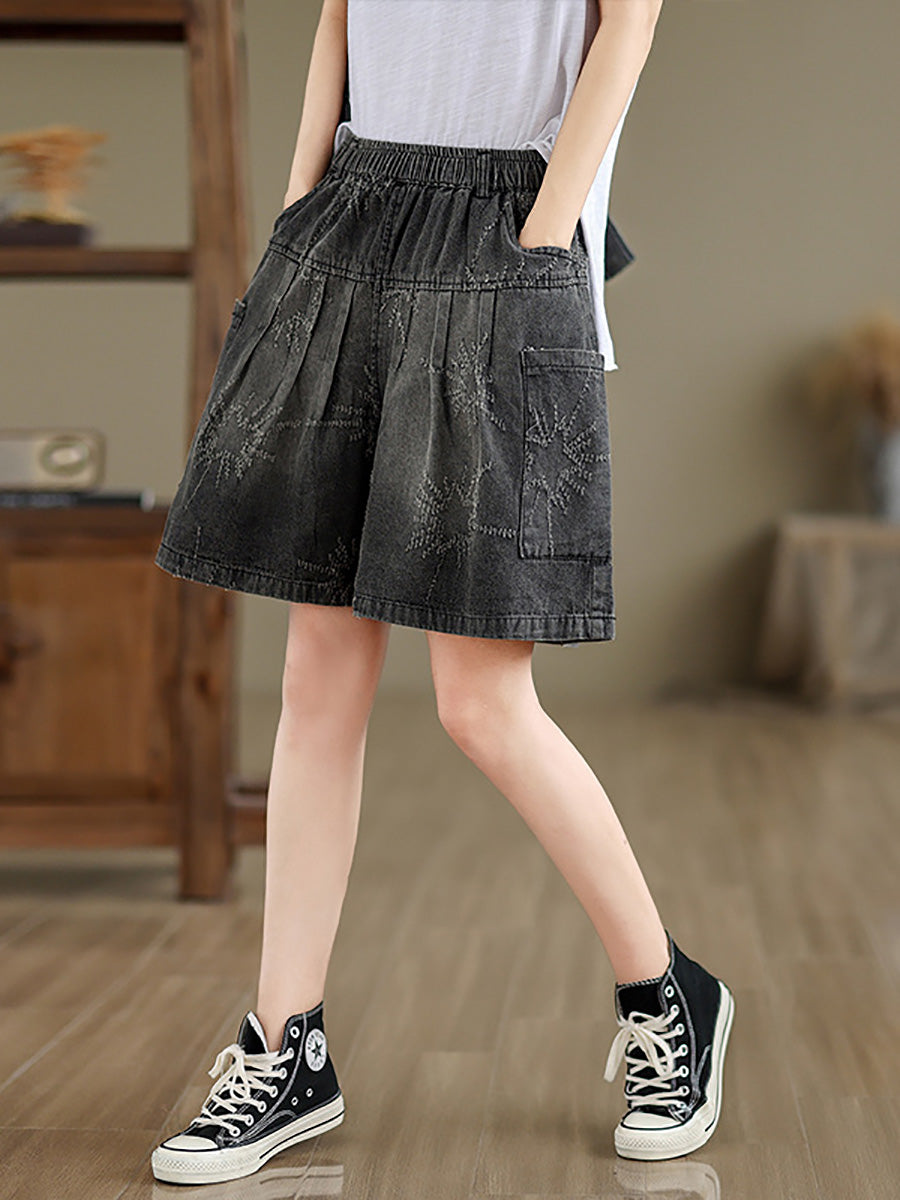 Women Summer Retro Star Jacquard Denim Fifth Pants CC012