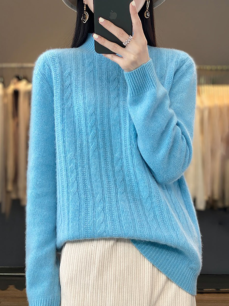 Women Autumn Solid Cable Knit 100%Wool Half Turtleneck Sweater QN027