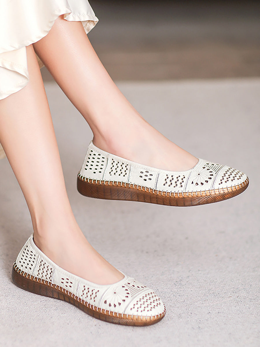 Women Summer Vintage Leather Spliced Cutout Shoes BN1018