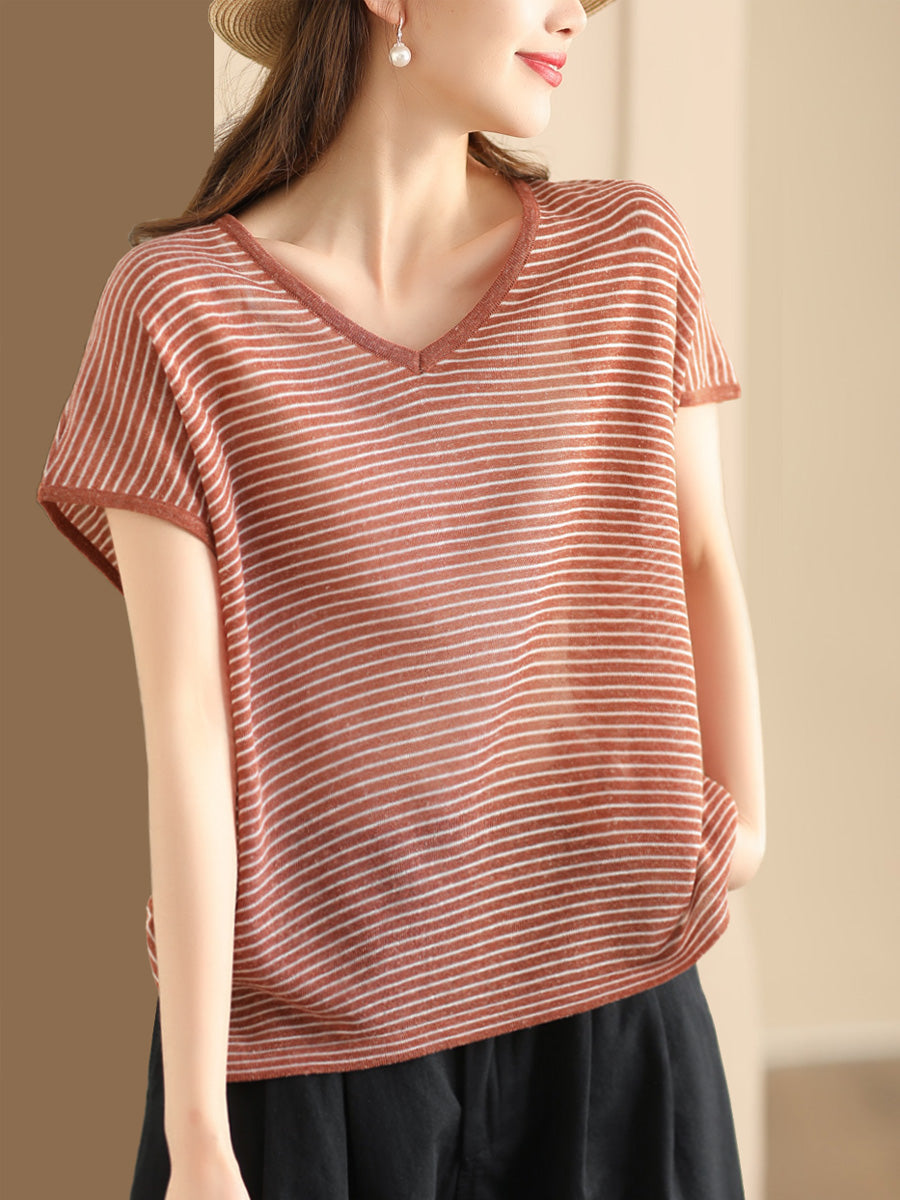 Women Summer Casual Stripe V-Neck Shirt AA1013