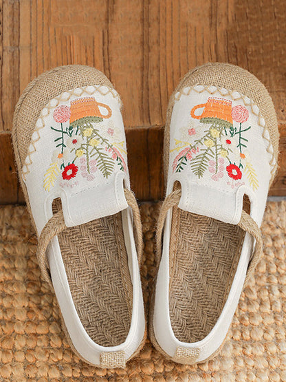 Chaussures d'été en lin et coton avec broderie florale artistique pour femmes AT1080