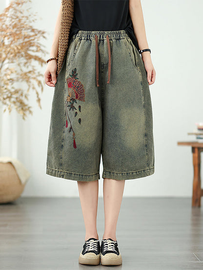Pantalon droit en denim brodé pour femme, style rétro floral 
