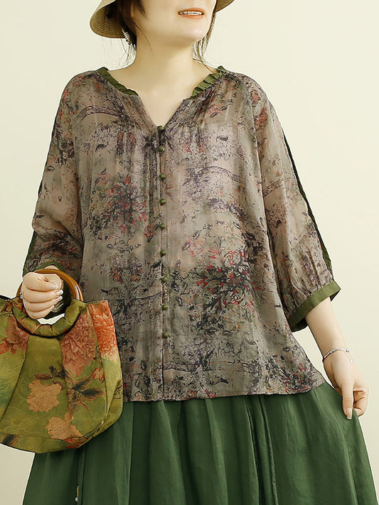 Women Summer Vintage Floral Button-up Ramie Shirt PP1012