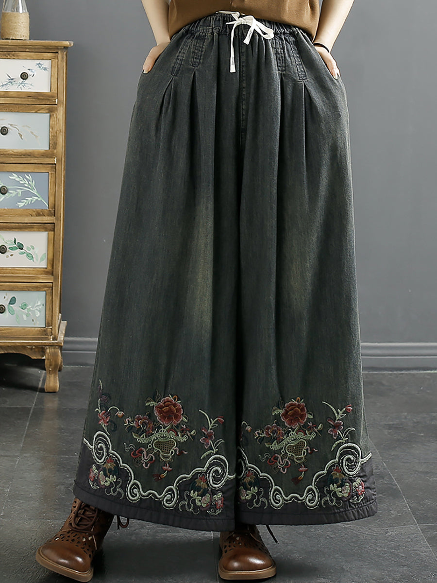 Women Summer Ethnic Embroidery Denim Wide-leg Pants SC1045