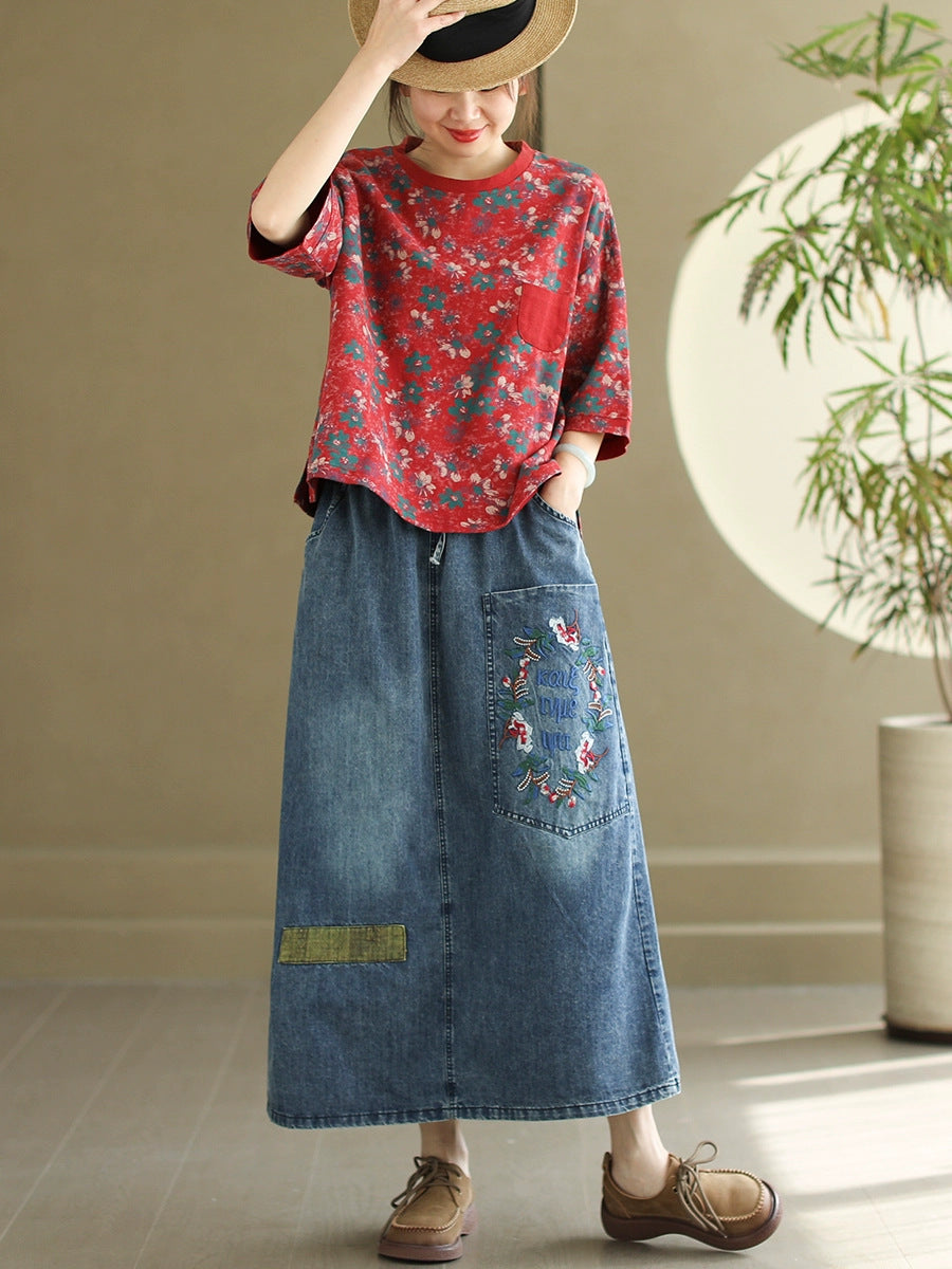 Women Artsy Flower Embroidery Denim Skirt PA1009