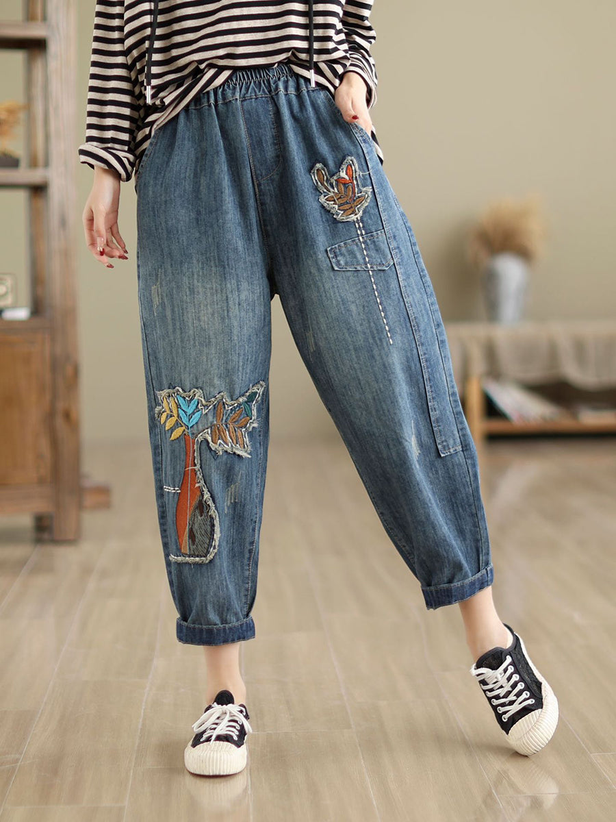 Damen Sommer Patch Gespleißte Denim Haremshose CV1044