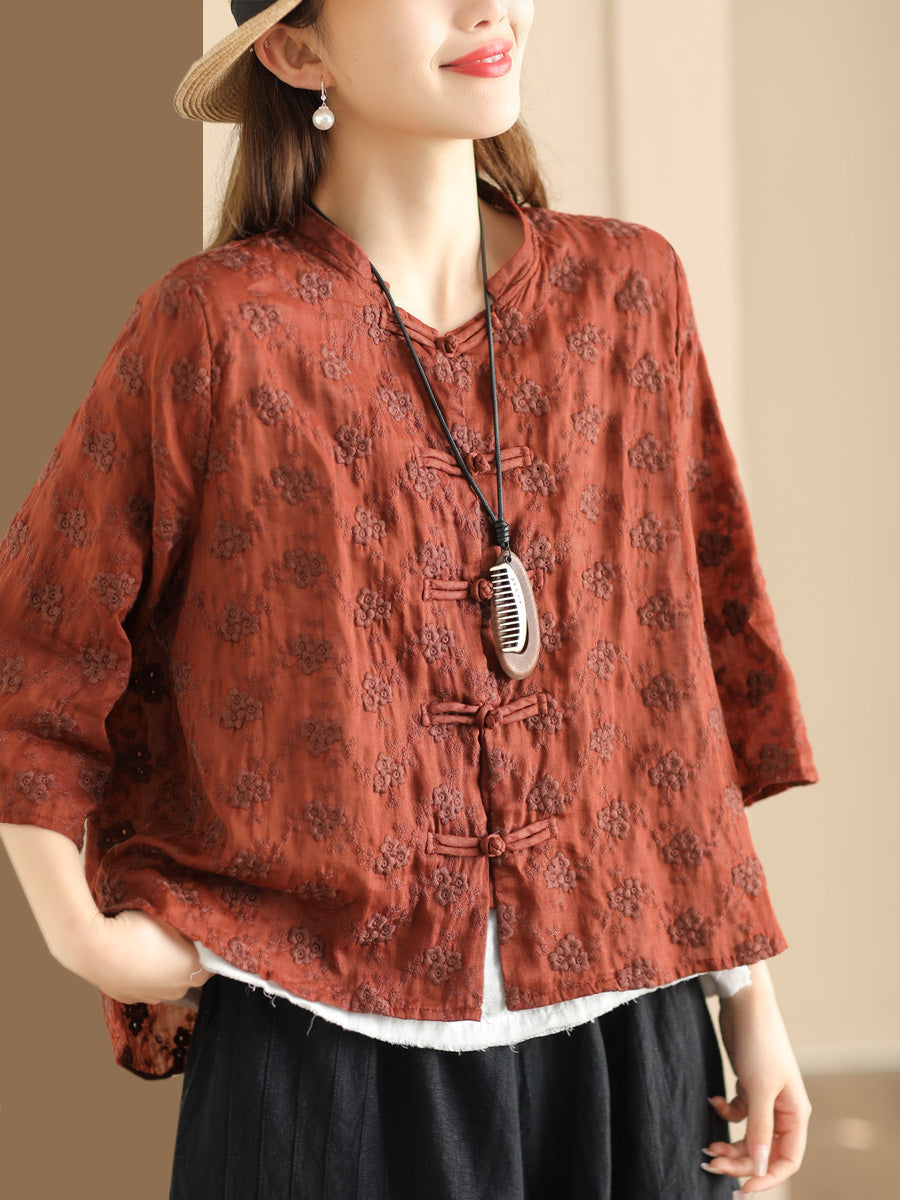 Women Ethnic Flower Jacquard Button-up Ramie Blouse SC1023