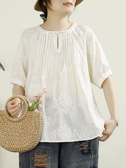 Chemise d'été vintage en coton froncé avec broderie pour femme HH044