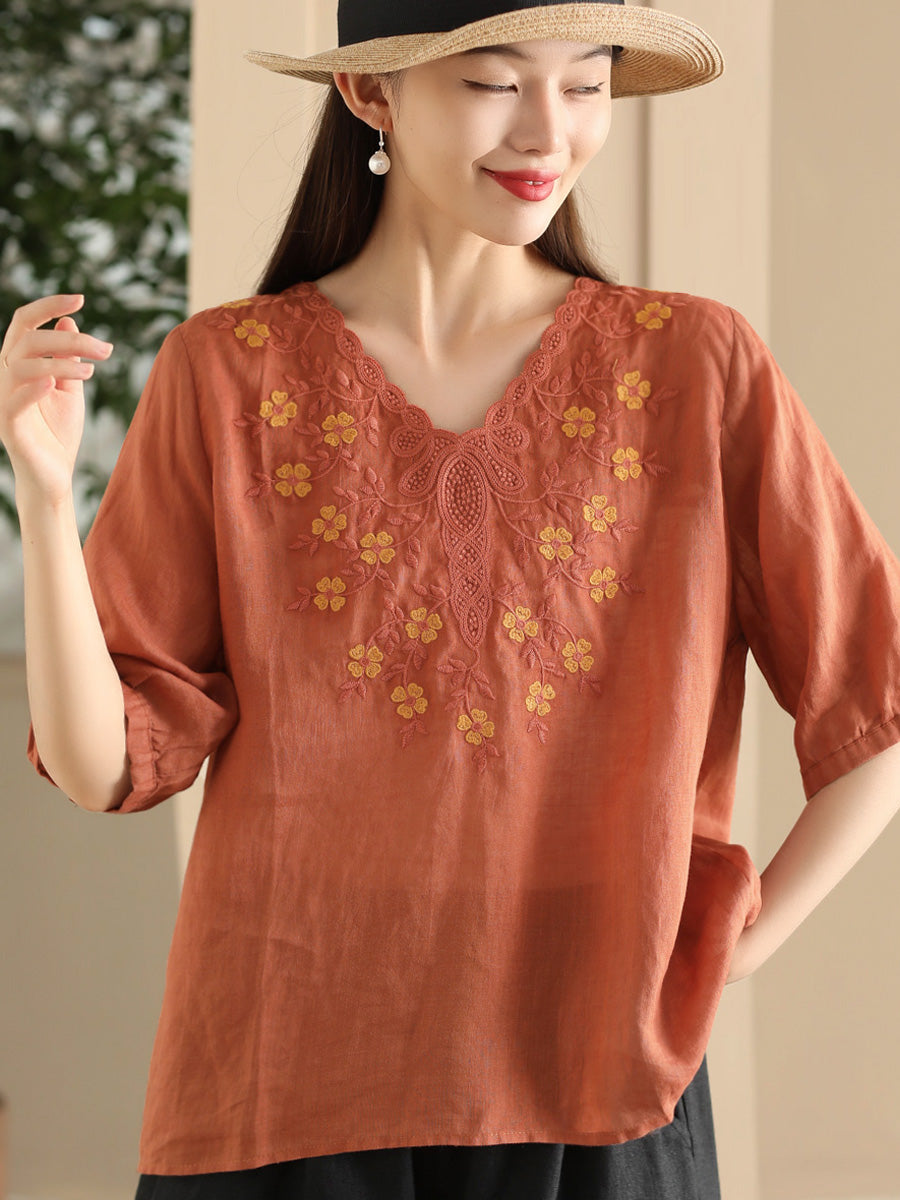 Women Summer Artsy Flower Embroidery Ramie V-Neck Shirt CC030