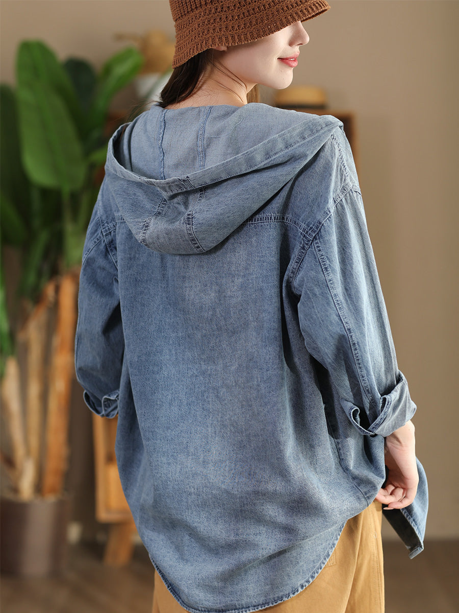 Women Casual Solid Autumn Pocket Denim Hooded Coat AT1026