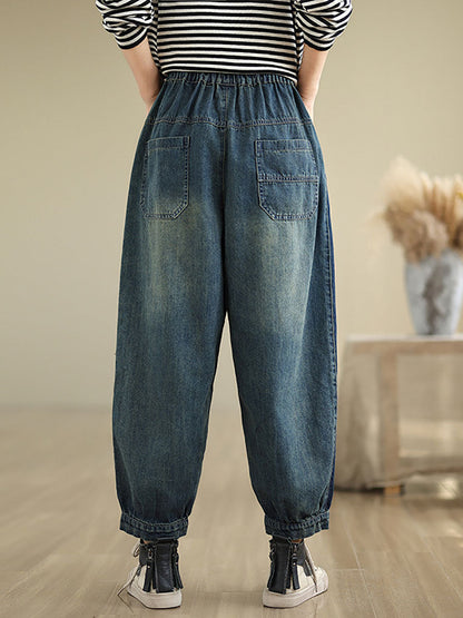 Pantalon sarouel en denim délavé à poches décontractées pour femmes AT1003