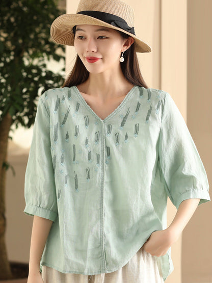 Chemise d'été en ramie à col en V et broderie artistique pour femme FD005