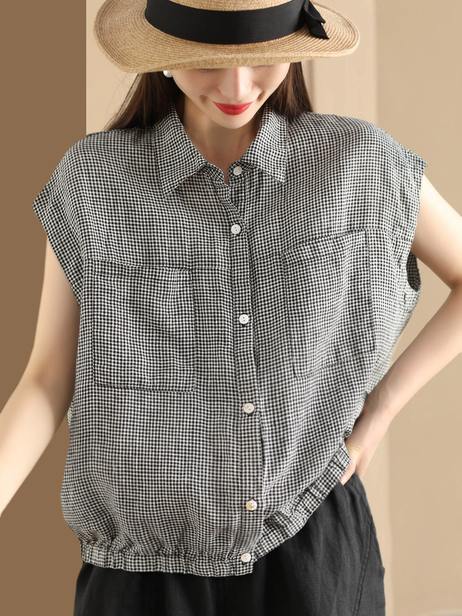 Damen Sommer Casual Plaid Button-up Leinen Hemd HH013