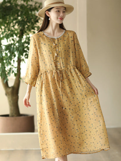 Robe d'été à bretelles et col rond pour femme en ramie à imprimé floral FD010