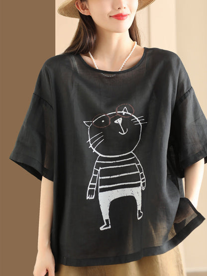 Pull-over d'été en ramie à imprimé chat de dessin animé pour femme OO1034