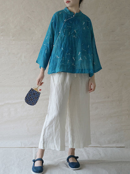 Women Ethnic Crane Spring Linen Shirt QW1004