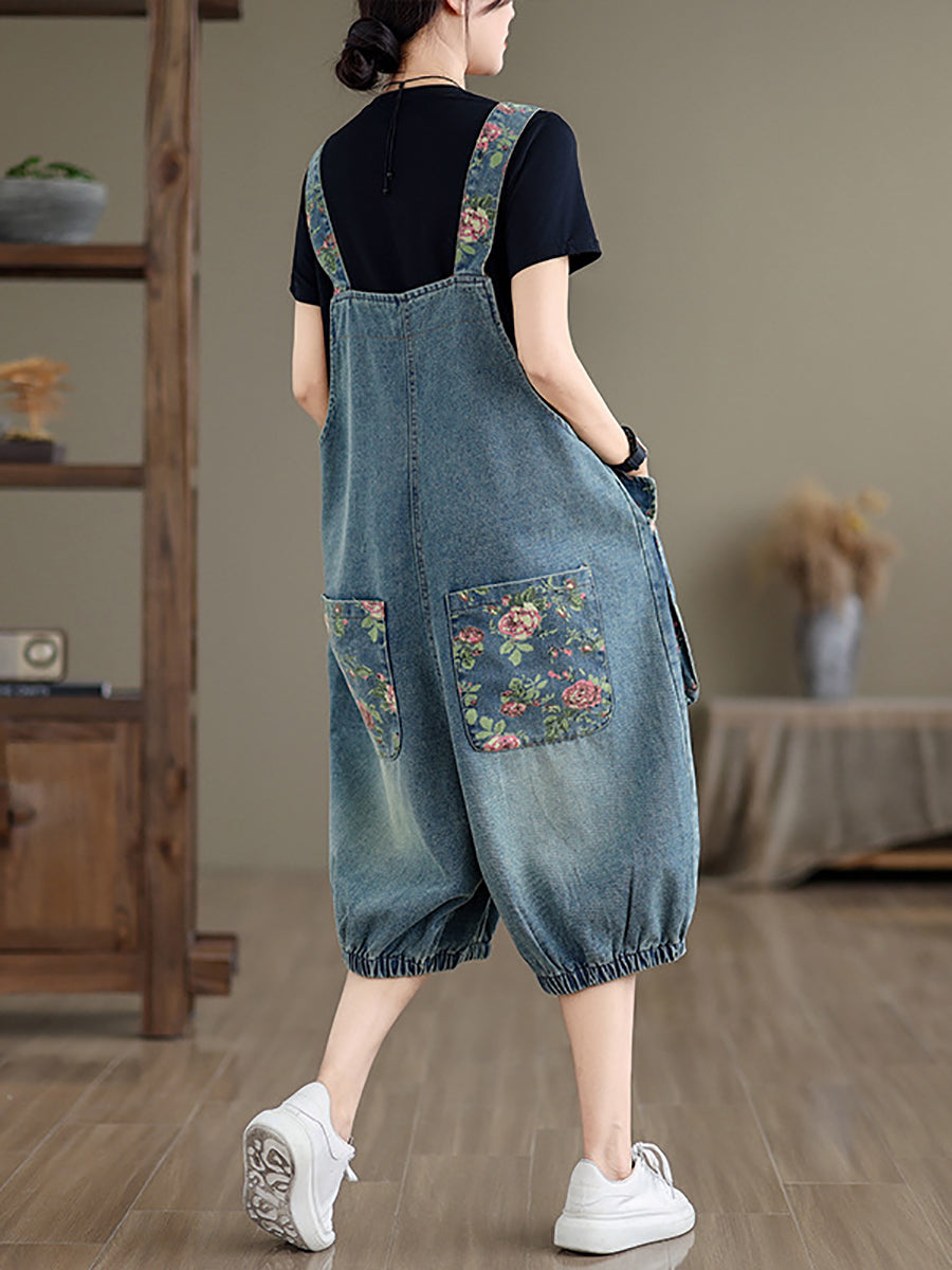 Damen Sommer Retro Blumen Gespleißt Denim Overalls ZZ1021