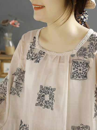 Chemise d'été en ramie boutonnée au dos à motif floral vintage pour femme SC1043