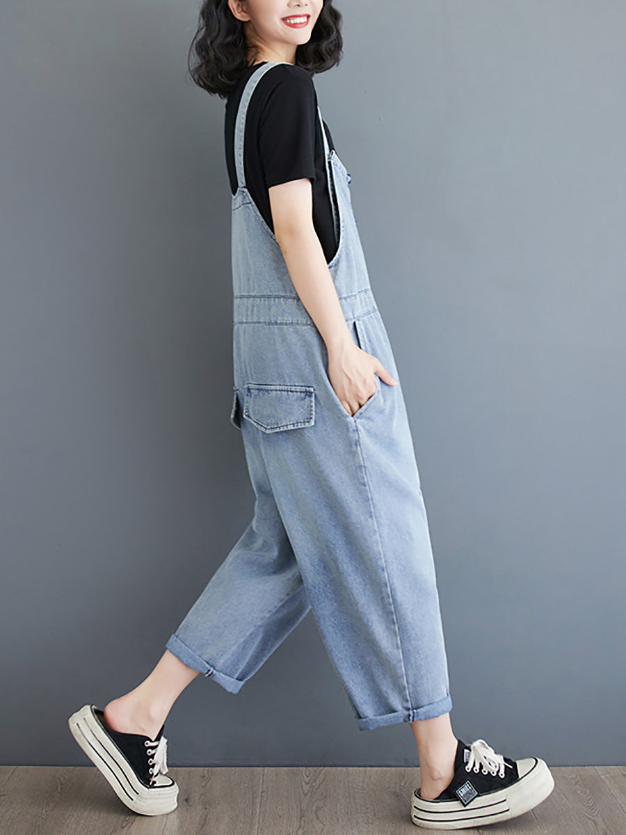 Women Summer Casual Solid Denim Shirred Jumpsuits AT1032